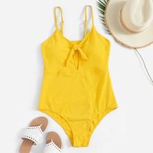 Romwe Plus Ribbed Knot Front One Piece Swimsuit