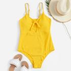 Romwe Plus Ribbed Knot Front One Piece Swimsuit