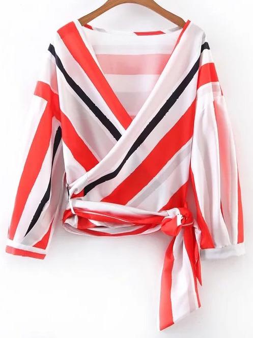 Romwe Plunging V-neckline Tie Waist Wrap Top