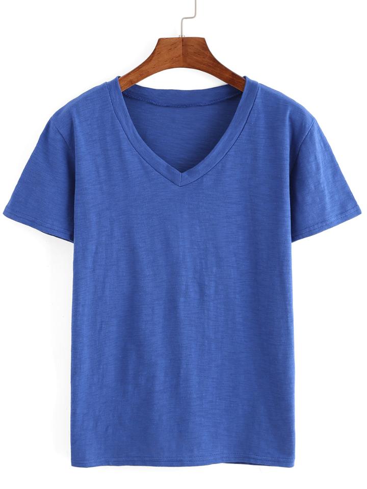 Romwe V Neck Blue T-shirt