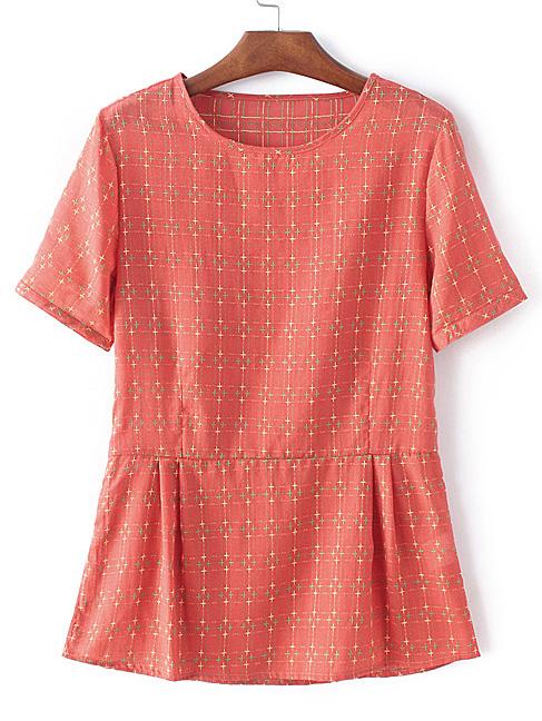 Romwe Orange Short Sleeve Plaid Cotton Linen Blouse