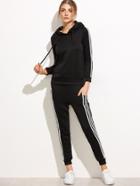 Romwe Black Striped Side Hooded Sweatshirt With Pocket Pants