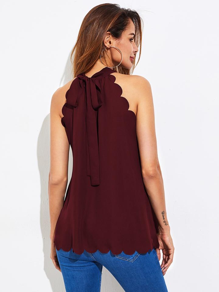 Romwe Scallop Trim Self Tie Halter Top
