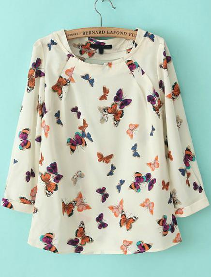 Romwe White Round Neck Butterfly Print Loose Blouse