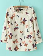 Romwe White Round Neck Butterfly Print Loose Blouse