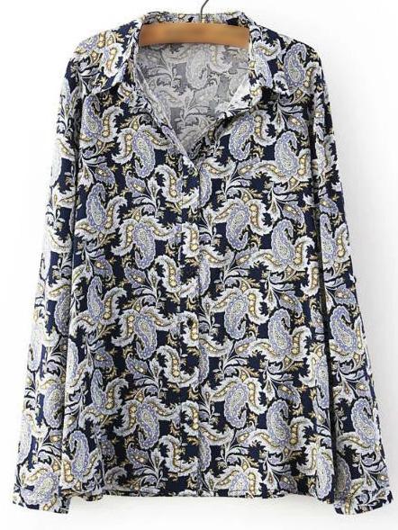 Romwe Navy Long Sleeve Buttons Front Cashew Flowers Print Blouse