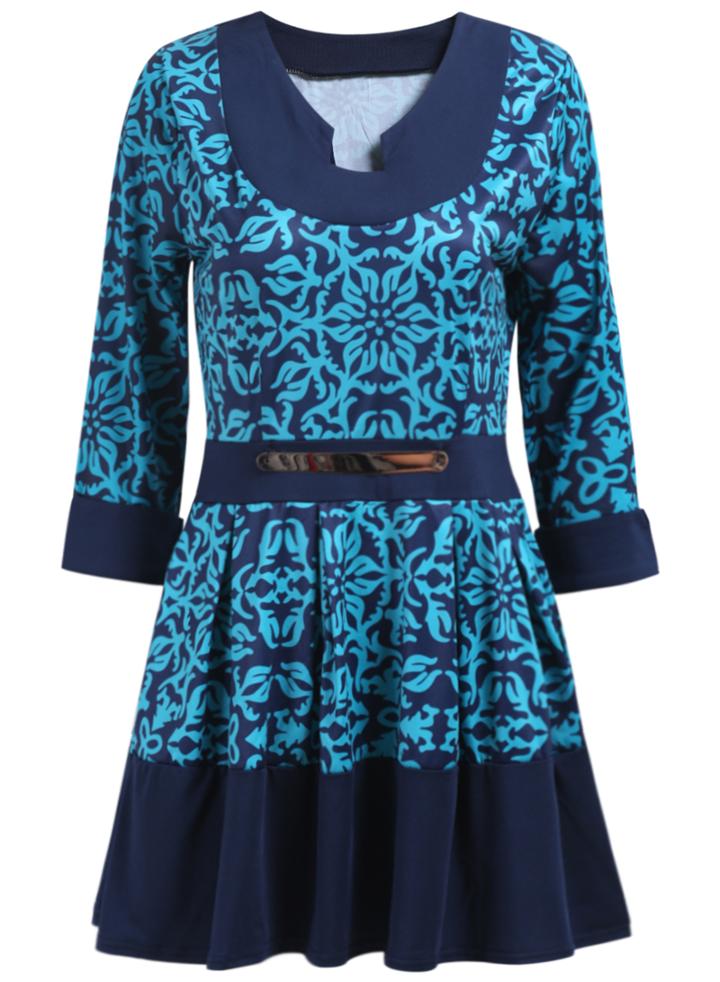 Romwe Long Sleeve Floral Pleated Dress