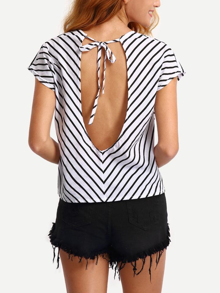 Romwe Striped Cutout Back T-shirt