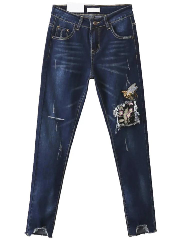 Romwe Blue Bee Embroidery Ripped Jeans