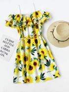 Romwe Open Shoulder Sunflower Print Random Tiered Belt Dress