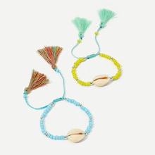 Romwe Shell & Tassel Detail Beaded Bracelet Set 2pcs