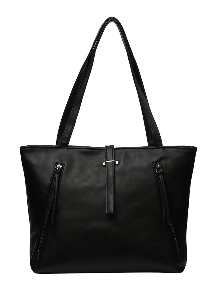 Romwe Buckle Belt Zip Embellished Tote Bag - Black