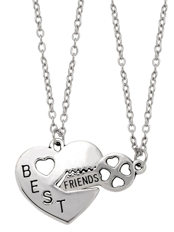 Romwe Silver Letter Etched Heart Lock And Key Pendant Necklace Set