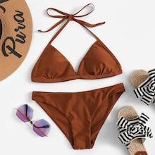 Romwe Halter Top With High Leg Bikini Set