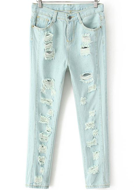 Romwe Ripped Pockets Light Blue Denim Pant