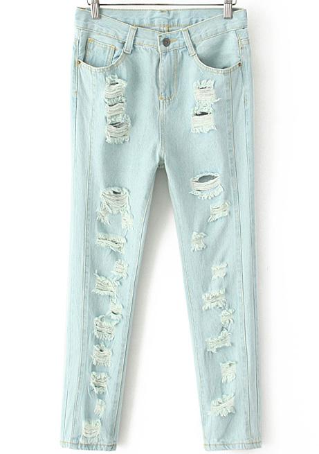 Romwe Ripped Pockets Light Blue Denim Pant