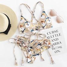 Romwe Floral Cross Back Top With Tie Side Bikini