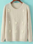 Romwe Bead Diamond Patterned Beige Sweater