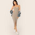 Romwe Button & Split Front Rib-knit Striped Cami Dress