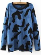 Romwe Women Long Sleeve Leopard Blue Jumper