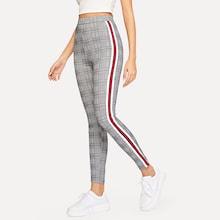 Romwe Elastic Waist Striped Tape Side Glen Plaid Pants