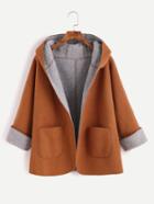 Romwe Khaki Contrast Sherpa Lining Single Button Hooded Coat