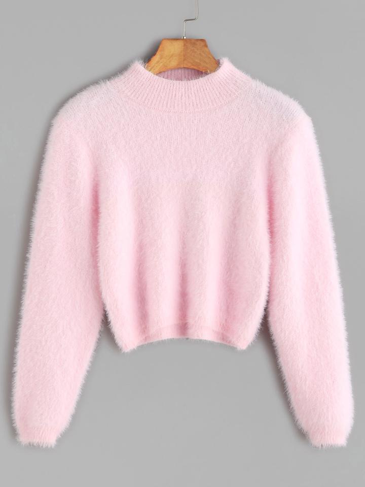 Romwe Pink Crew Neck Crop Fuzzy Sweater