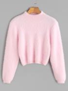 Romwe Pink Crew Neck Crop Fuzzy Sweater