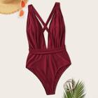Romwe Plunging Neck Criss-cross Backless One Piece Swimsuit