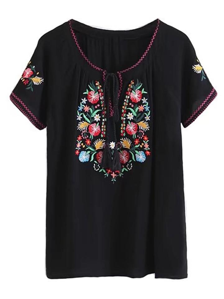 Romwe Tassel Tie Neck Embroidery Tee