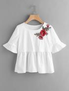 Romwe Embroidered Rose Patch Fluted Sleeve Mixed Media T-shirt