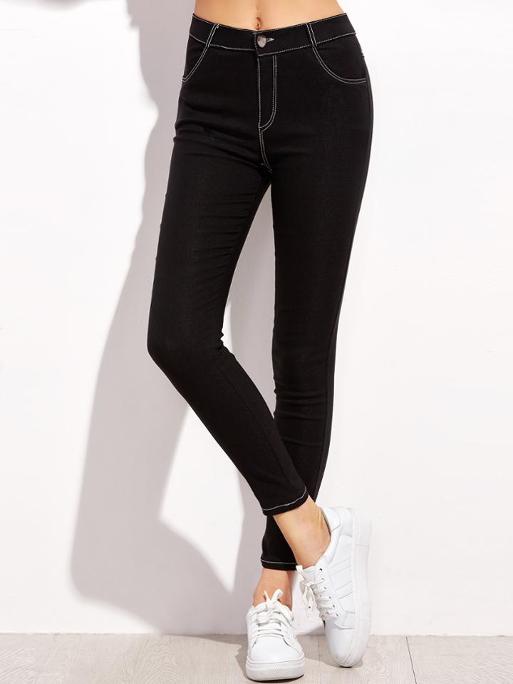 Romwe Black Button Pockets Skinny Ankle Leggings