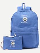 Romwe Blue Front Zipper Smiling Face Canvas Backpack With Clutch