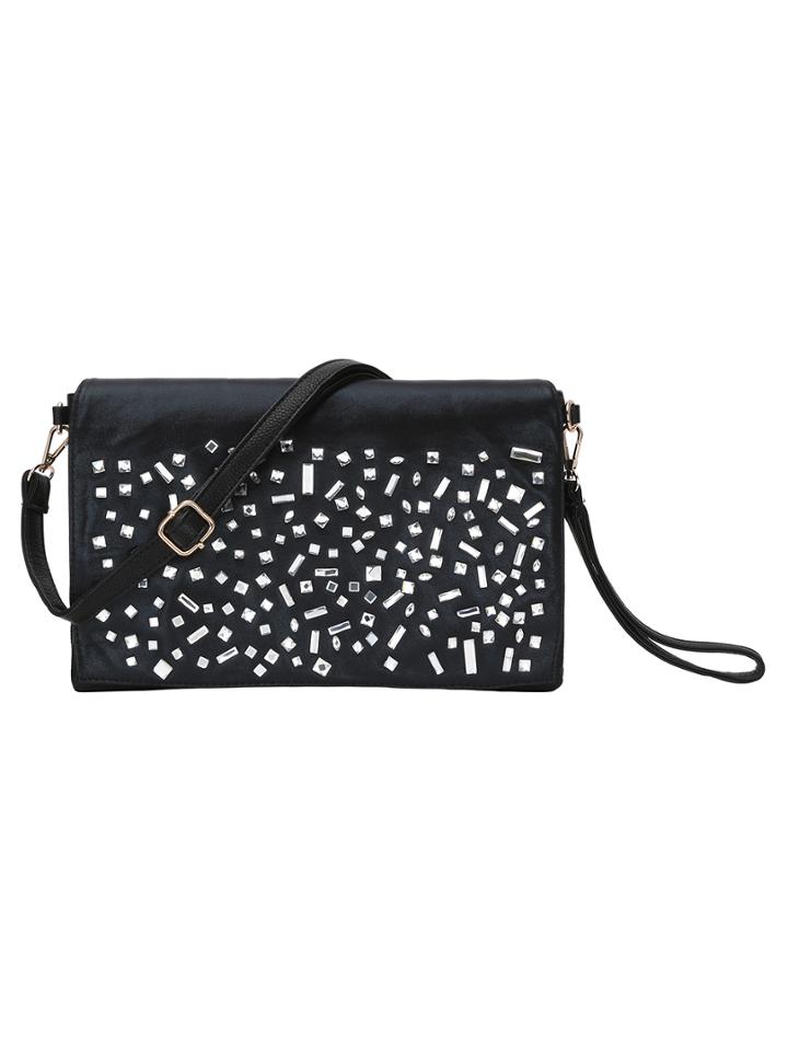 Romwe Sliver Rhinestone Studded Envelope Clutch