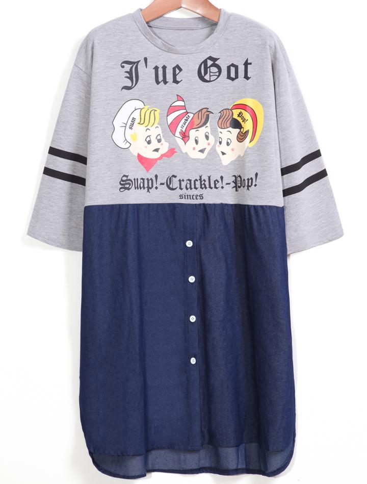 Romwe Contrast Denim Hem Cartoon Print Grey Dress