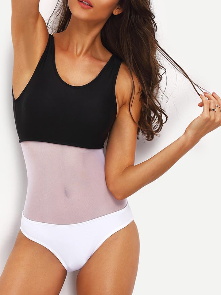 Romwe Contrast Mesh Panel One-piece Swimwear