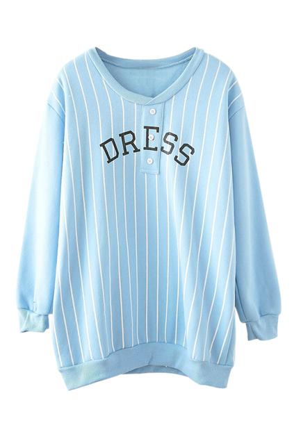 Romwe Blue Letter Print Striped Sweatshirt