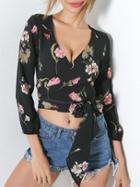 Romwe Florals Random Cross Front Self Tie Crop Top