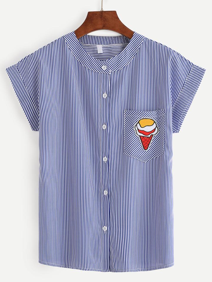Romwe Blue Vertical Striped Ice Cream Patch Pocket Blouse