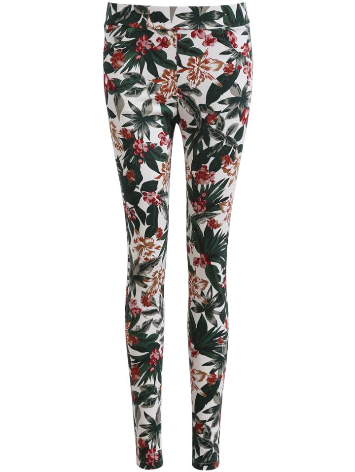 Romwe Elastic Waist Florals Slim Pant
