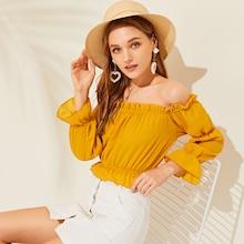 Romwe Off The Shoulder Solid Flounce Trim Blouse
