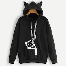 Romwe Cat Print Cat Ear Kangaroo Pocket Hoodie