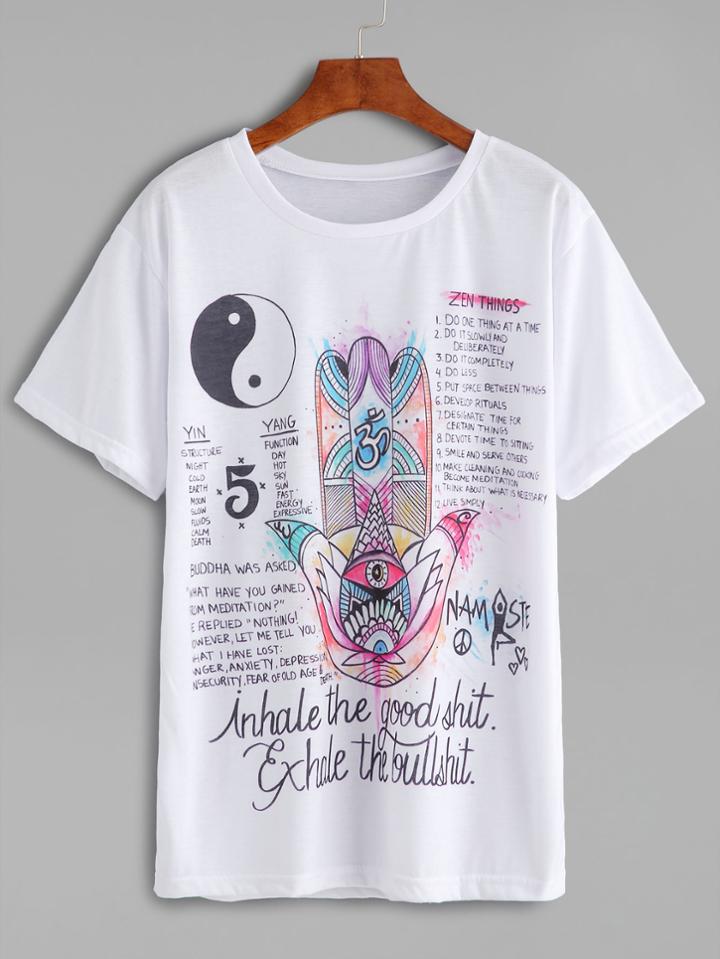 Romwe White Chinese Style Print T-shirt