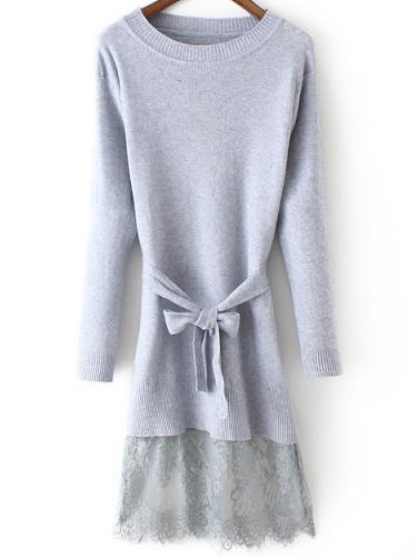 Romwe Lace Insert Grey Jersey Dress With Belt