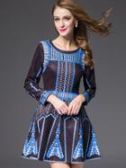 Romwe Blue Black Round Neck Long Sleeve Print Dress