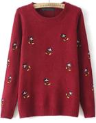 Romwe Mickey Embroidered Loose Knit Red Sweater