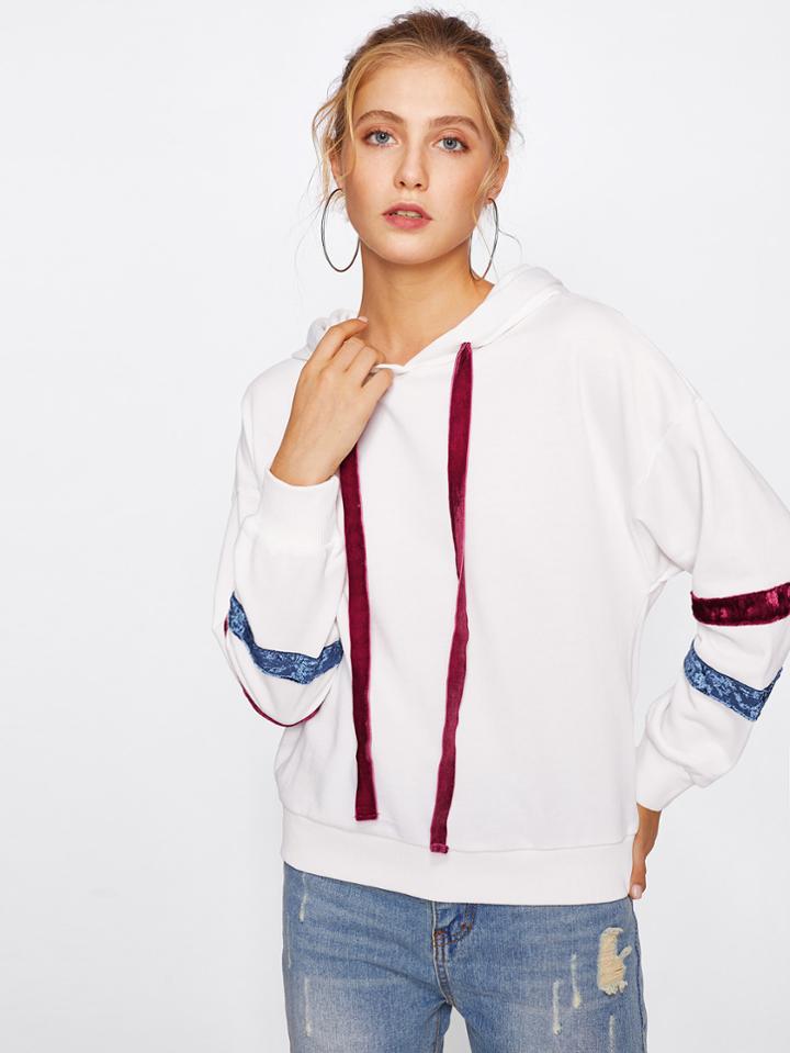 Romwe Drop Shoulder Velvet Detail Hoodie