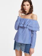 Romwe Blue Striped Layered Ruffle Off The Shoulder Top