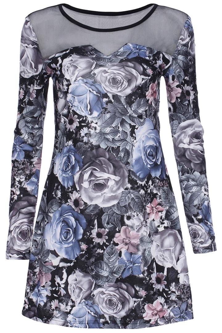 Romwe Romwe Multicolor Roses Print Long-sleeved Dress