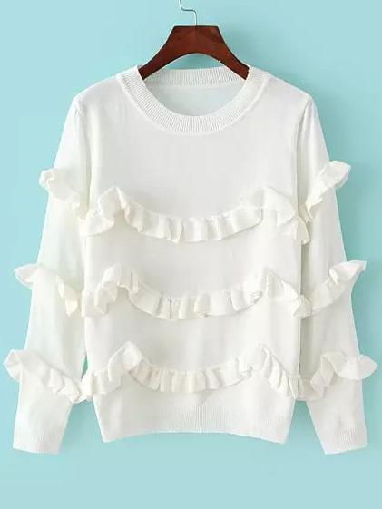 Romwe Round Neck Fungus Edge White Sweater